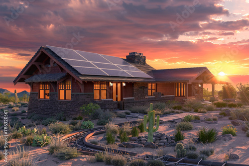 A 3D image of a Craftsman house in the Sonoran Desert, Arizona, blending traditional style with sustainable features like solar panels and xeriscaping, against a dramatic desert sunset. photo