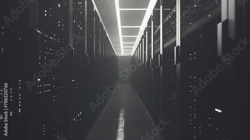 Monochrome Data Center Aisle with LED Lights