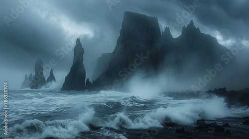 Dramatic seascape with thunderous waves crashing against rugged rocks