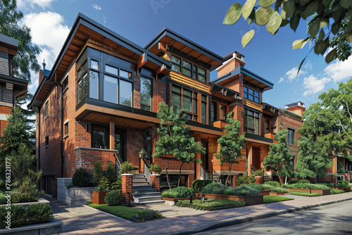 A Craftsman townhome with a unique fa? section ade featuring brick and wood elements, bay windows, and a landscaped front terrace, fitting into an urban renewal setting. photo