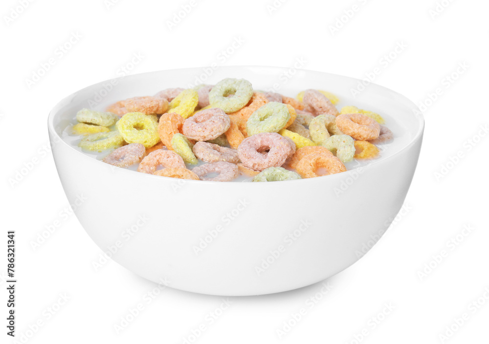 Tasty colorful cereal rings and milk in bowl isolated on white