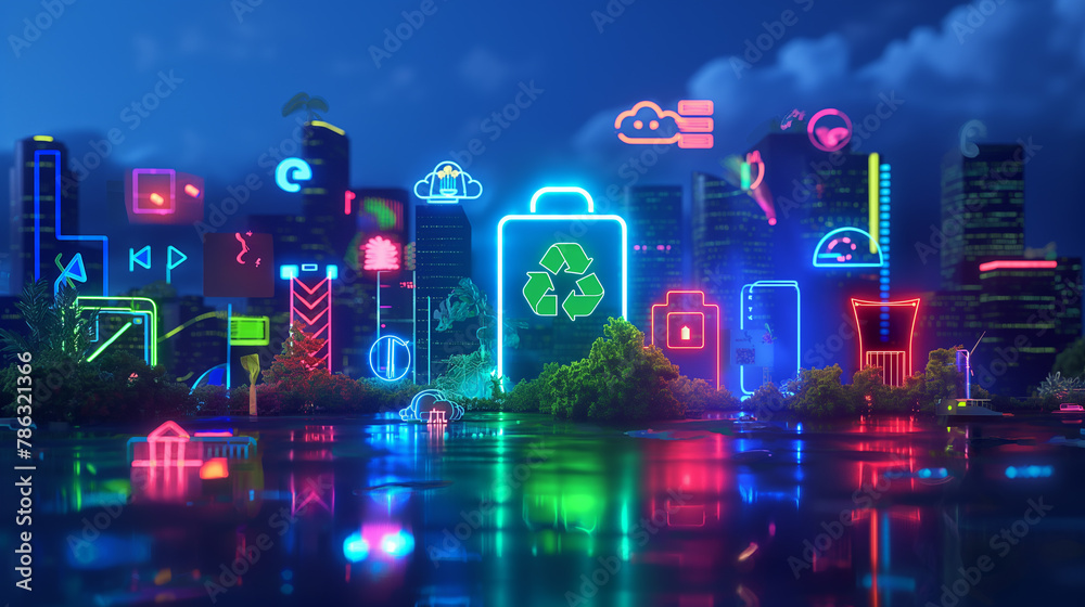 Fototapeta premium Futuristic Eco-Tech City: Neon Iconography and Green Innovation. Generative AI