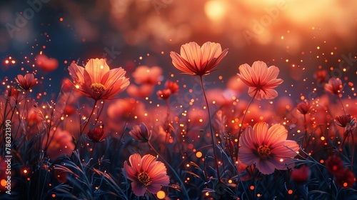 Vibrant field of orange daisies at sunset, capturing the natural beauty and tranquility of a flourishing flower garden