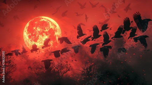 Surreal flock of birds with human faces against a giant moon in a fiery sky #786321392