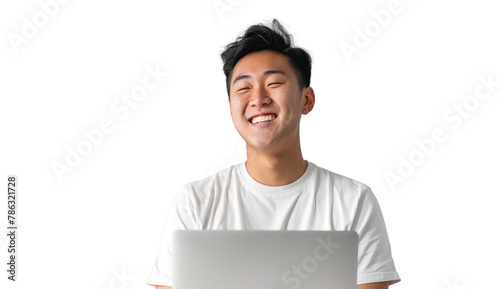 Young Asian Man Smiling Using Laptop photo