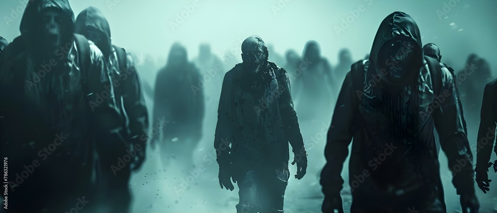 Advancing Horde of Cinematic Zombies in Mist. Concept Horror Photoshoot, Cinematic Zombies, Misty Atmosphere, Special Effects Makeup, Thrilling Portraits Advancing Horde of Cinematic Zombies in Mist. Concept Horror Photoshoot, Cinematic Zombies, Misty Atmosphere, Special Effects Makeup, Thrilling Portraits