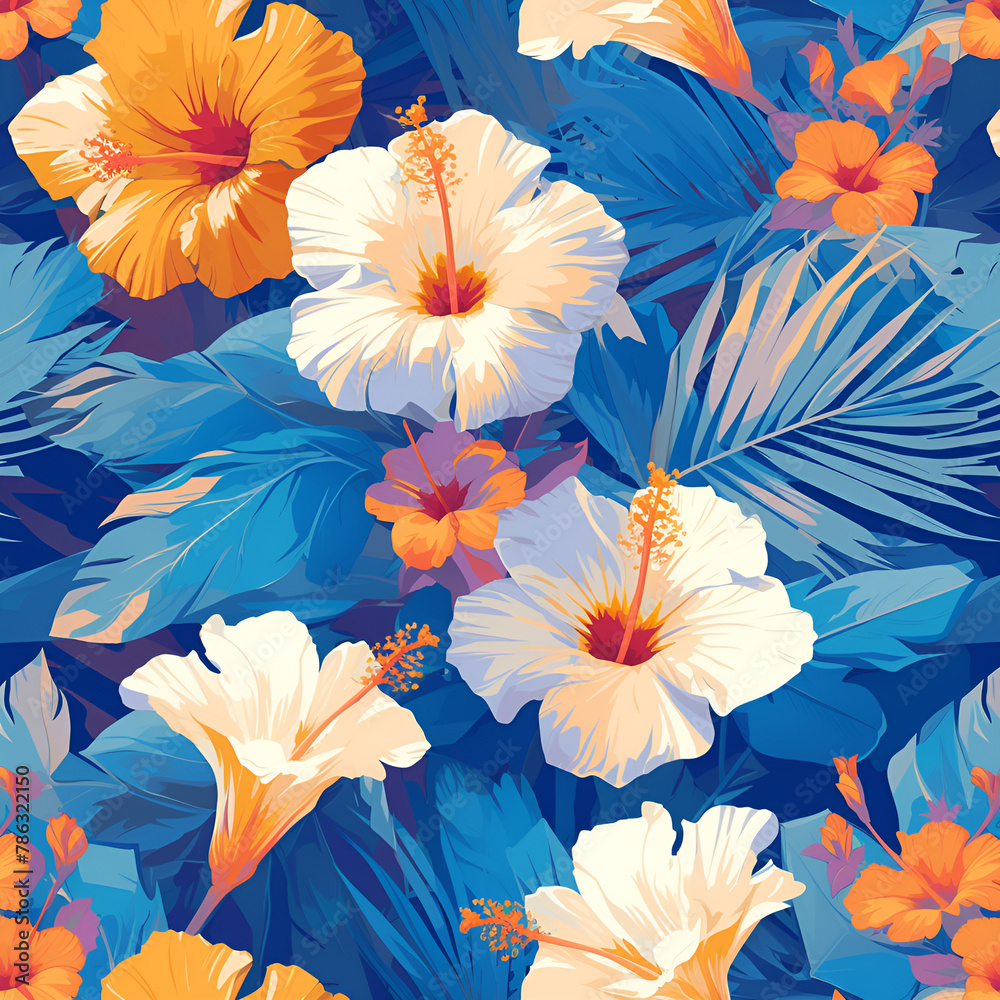 Obraz premium floral wall paper design, vibrant hibiscus with leaves, orange, white, baby blue, dark blue background, vector illustration, vibrant pop art