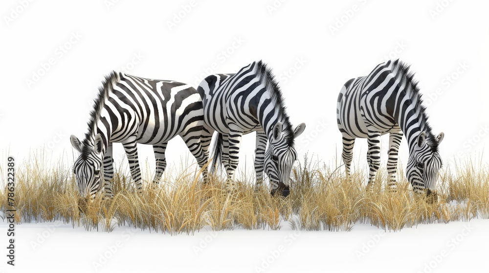 Fototapeta premium Three zebras are grazing in a field of tall grass