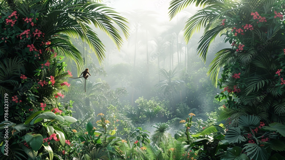 A lush green jungle with a monkey hanging from a tree A lush green jungle with a monkey hanging from a tree