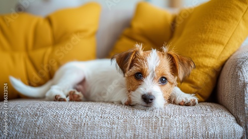 cute Jack Russell terrier puppy lies on a cozy sofa in a modern living room, copy space