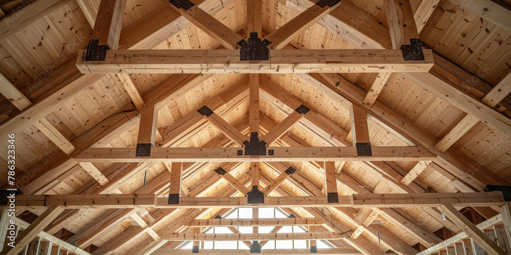 A roof truss structure made of light wood,  home structure
