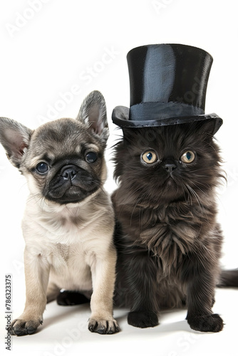 Pug puppy and cat wearing a top hat photo