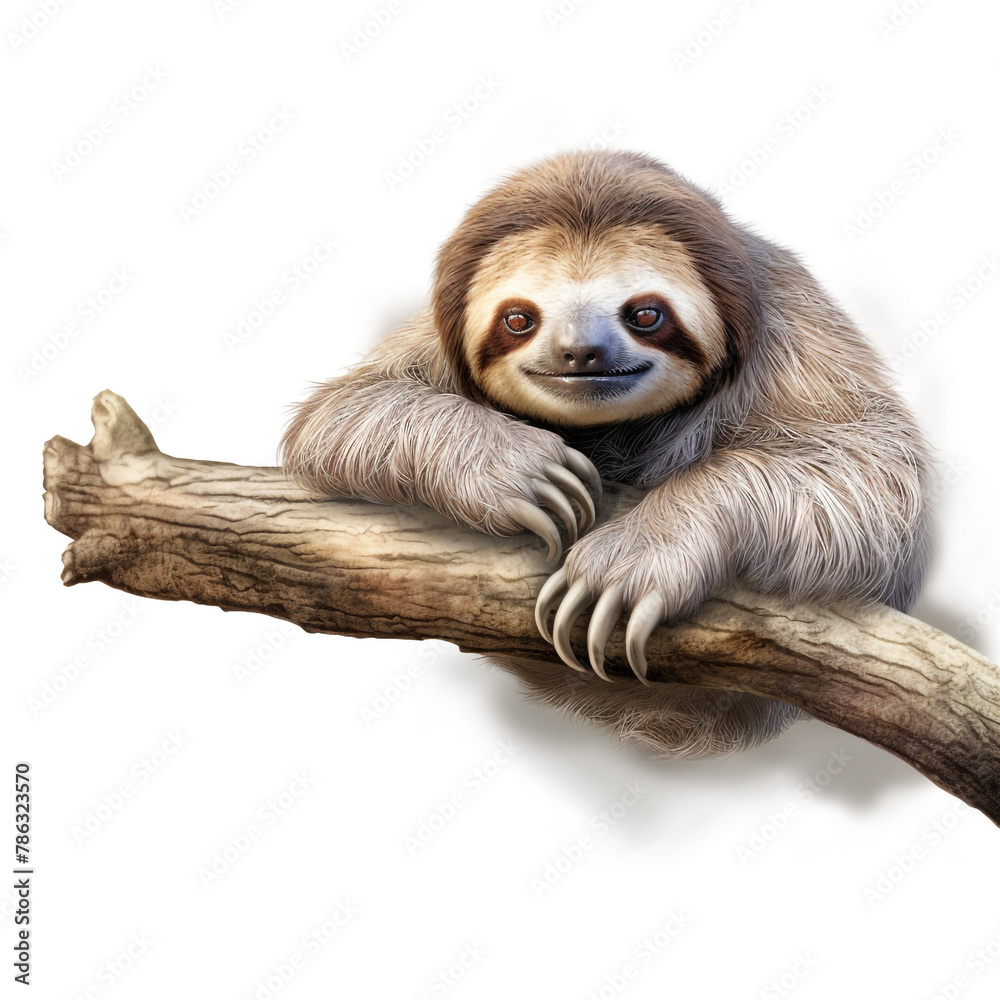 Naklejka premium lovable three toe sloth laying on branch in neutral syle with white background сreated with Generative Ai