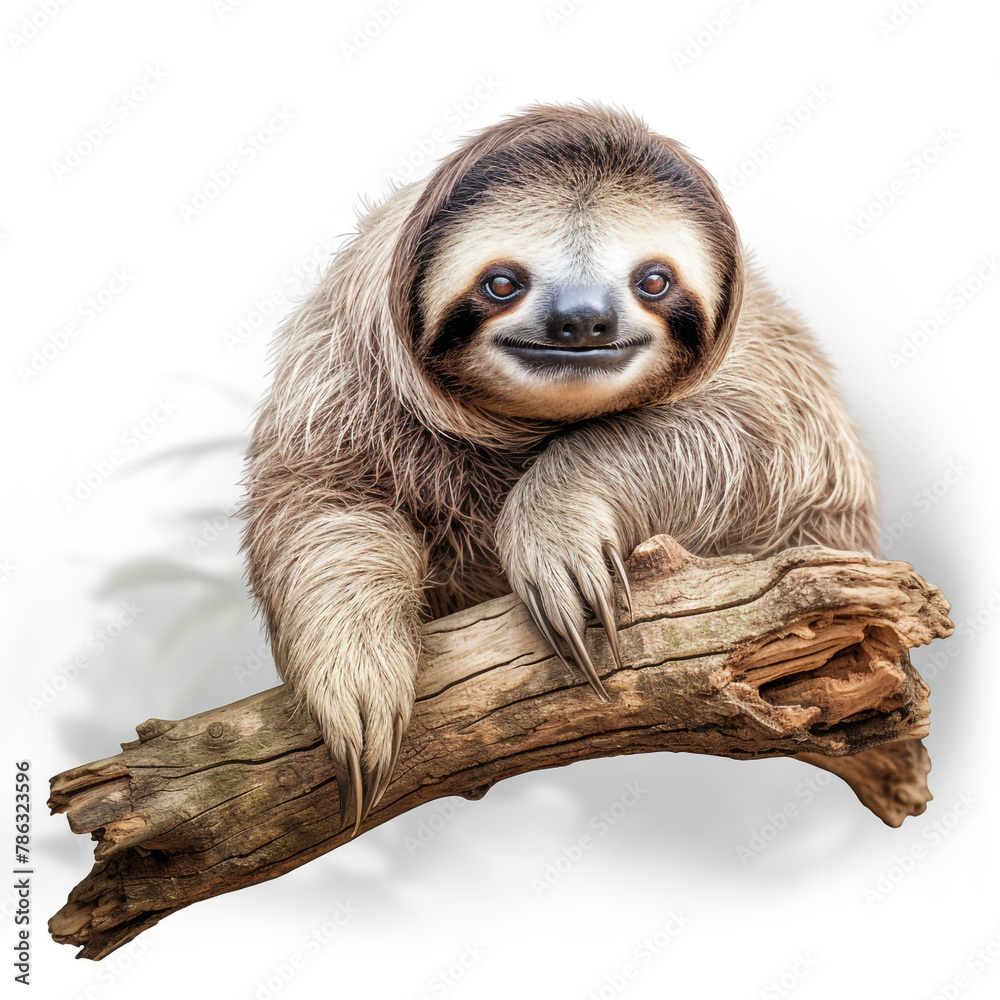 Fototapeta premium lovable three toe sloth laying on branch in neutral syle with white background сreated with Generative Ai