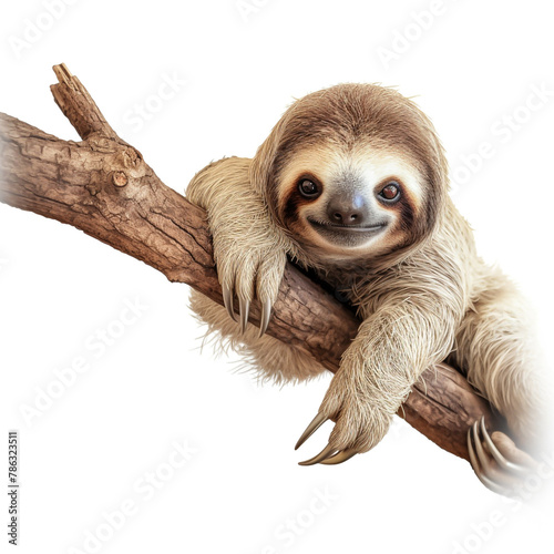 lovable three toe sloth laying on branch in neutral syle with white background сreated with Generative Ai