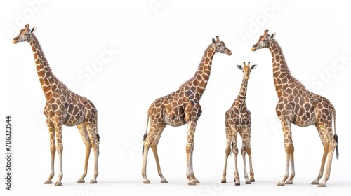 A group of giraffes standing in a line, with one of them being a baby