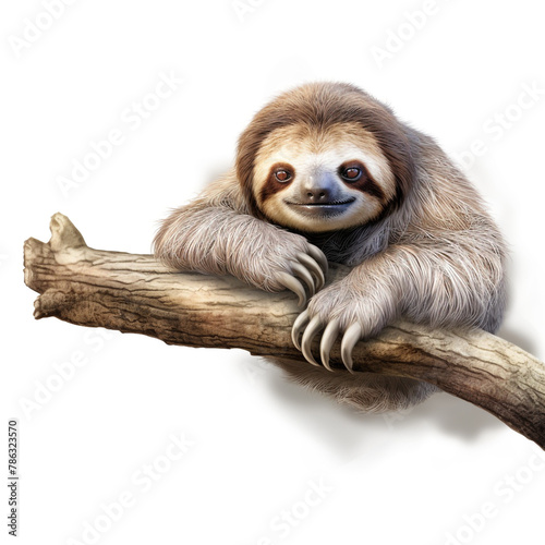 lovable three toe sloth laying on branch in neutral syle with white background сreated with Generative Ai © Andrii Yablonskyi