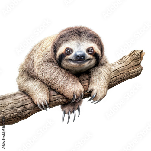 lovable three toe sloth laying on branch in neutral syle with white background сreated with Generative Ai