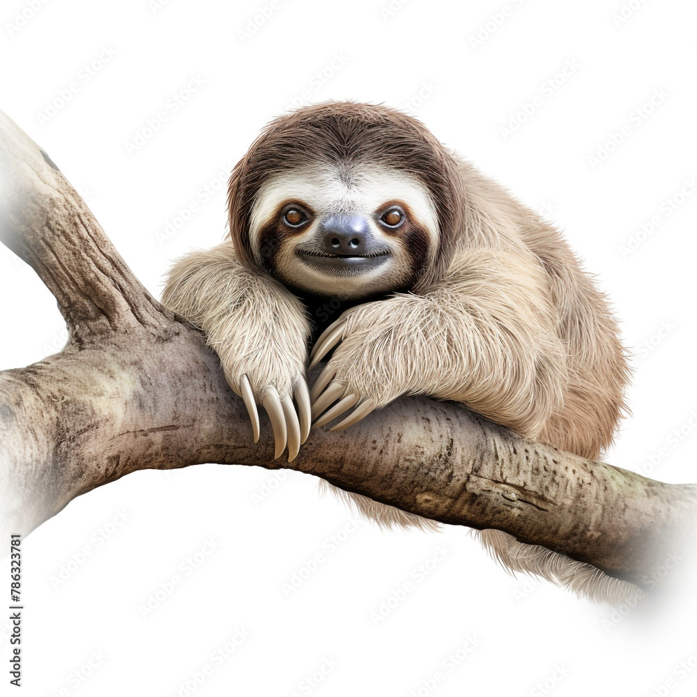 Fototapeta premium lovable three toe sloth laying on branch in neutral syle with white background сreated with Generative Ai