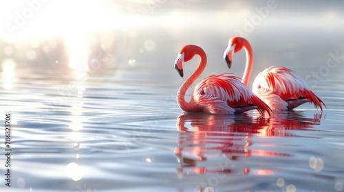 Two flamingos are swimming in a body of water