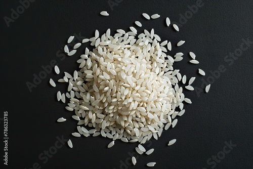 Top view, close up. A pile of white uncooked rice grains, lying flat. Isolated on black background