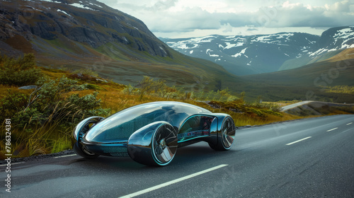 futuristic high-tech car on a picturesque road, landscape, style, technology, speed, wheels, transport, travel, future, glass © Julia Zarubina