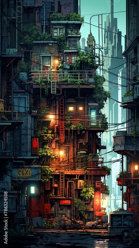 an urban jungle in a pixel art animation  using tilted angles to unveil secret alleys and towering buildings Transport viewer