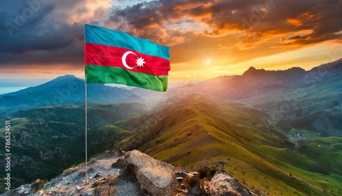 The Flag of Azerbaijan On The Mountain.