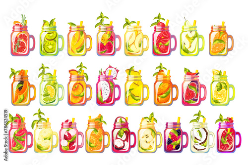 Collection of summer cocktails. Cool drinks in a can with fruits and berries. Summer juices, cocktails, lemonades.Vector illustration