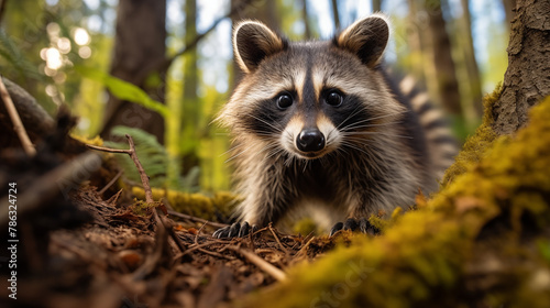 Inquisitive Raccoon Peering Through Forest Ground. Generative AI