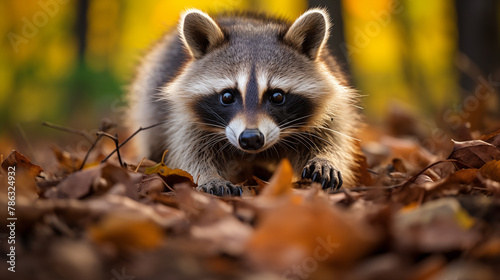 Inquisitive Raccoon Peering Through Forest Ground. Generative AI