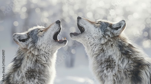 Two wolves are howling at the moon