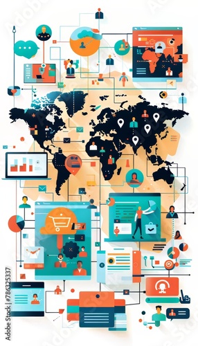 A colorful illustration of a world map with various icons representing different types of online businesses.