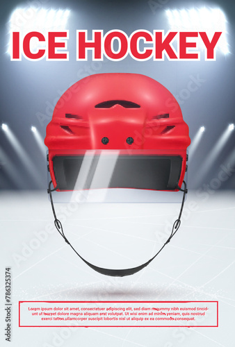 Ice hockey advertising poster design template with helmet and arena realistic vector illustration © Vikivector