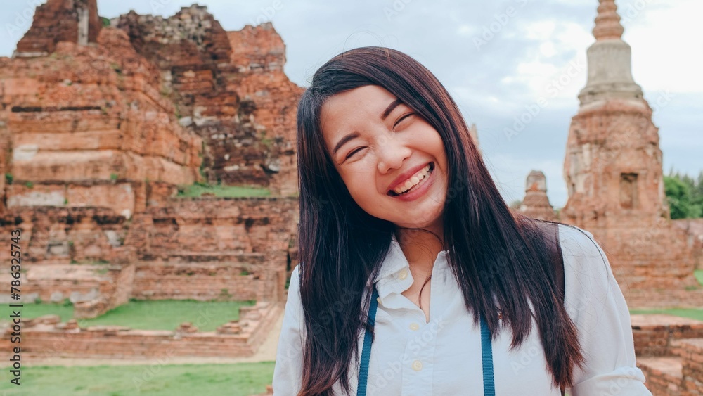 Close Up Young Asian Backpacker Blogger Woman Pagoda Old City