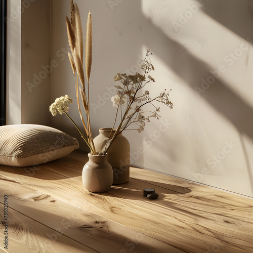 still life interior catalog image of oak wooden floorings, high resolution, naturecore, naturalistic details. 3d render.