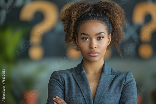A woman with a black suit and a ponytail is standing in front of a wall with a lot of questions
