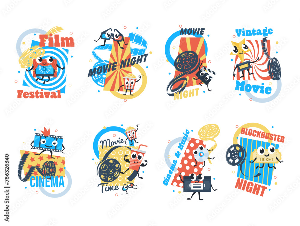 Cinema night movie festival retro banner label design template set isometric vector illustration