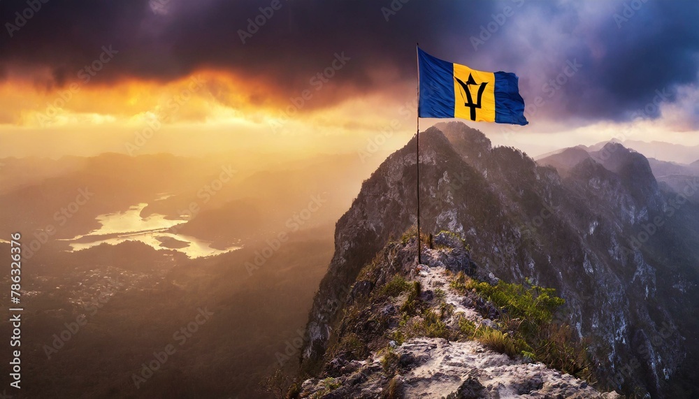 The Flag of Barbados On The Mountain. - obrazy, fototapety, plakaty 