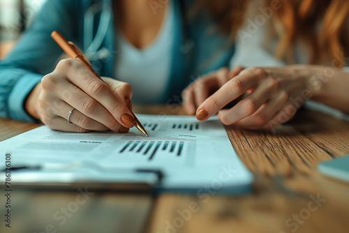 A woman is writing with a pen on a piece of paper. The woman is pointing at the paper with her finger. The paper has a lot of numbers and lines on it photo