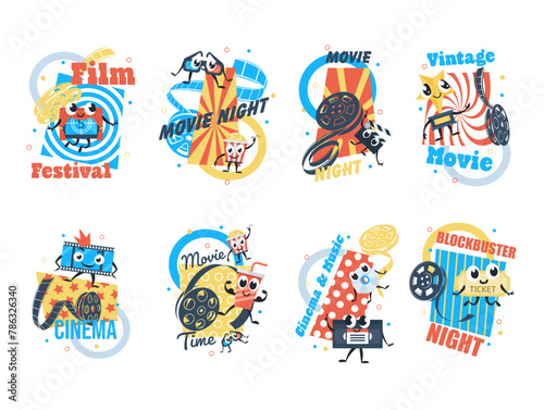 Cinema night movie festival retro banner label design template set isometric vector illustration © Vikivector