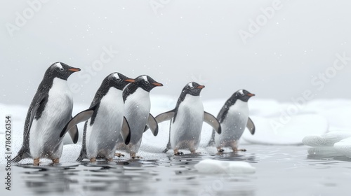 A group of penguins are walking in the water