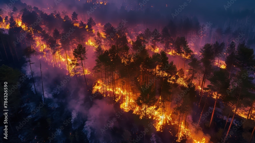 An aerial view of a wildfire burning in a forest at night. The fire is spreading quickly, and the flames are reaching high into the sky. The smoke from the fire is thick and black, and it is obscuring