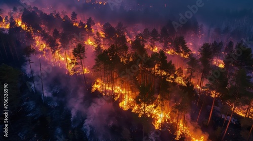 An aerial view of a wildfire burning in a forest at night. The fire is spreading quickly  and the flames are reaching high into the sky. The smoke from the fire is thick and black  and it is obscuring