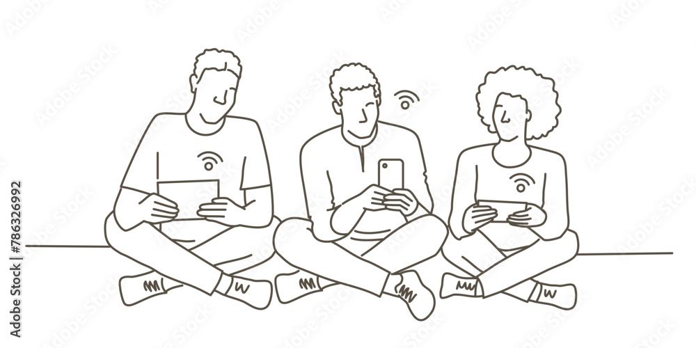 Three people sitting on the floor with their cell phones