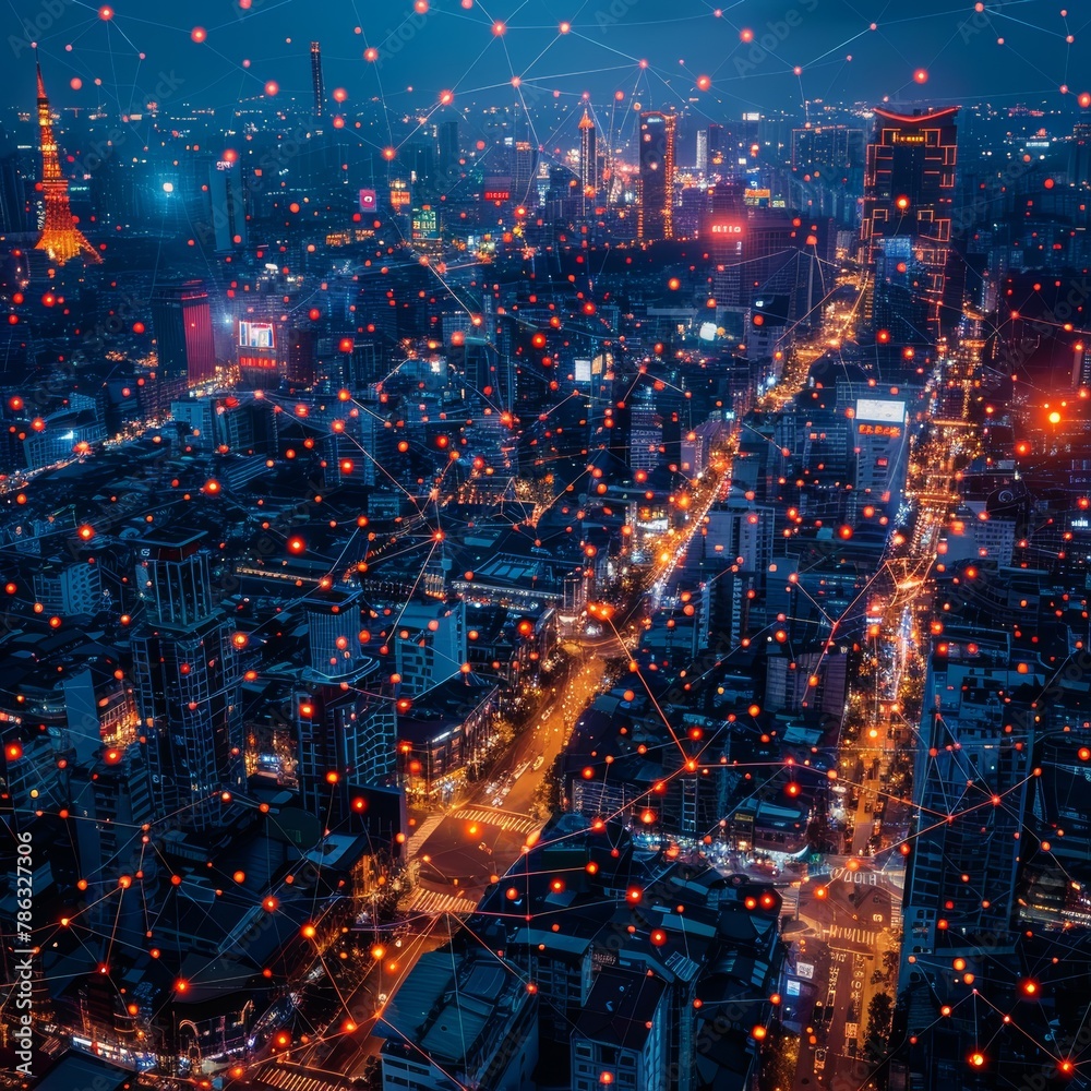 A night view of a city with many lights and a network of glowing lines connecting them.