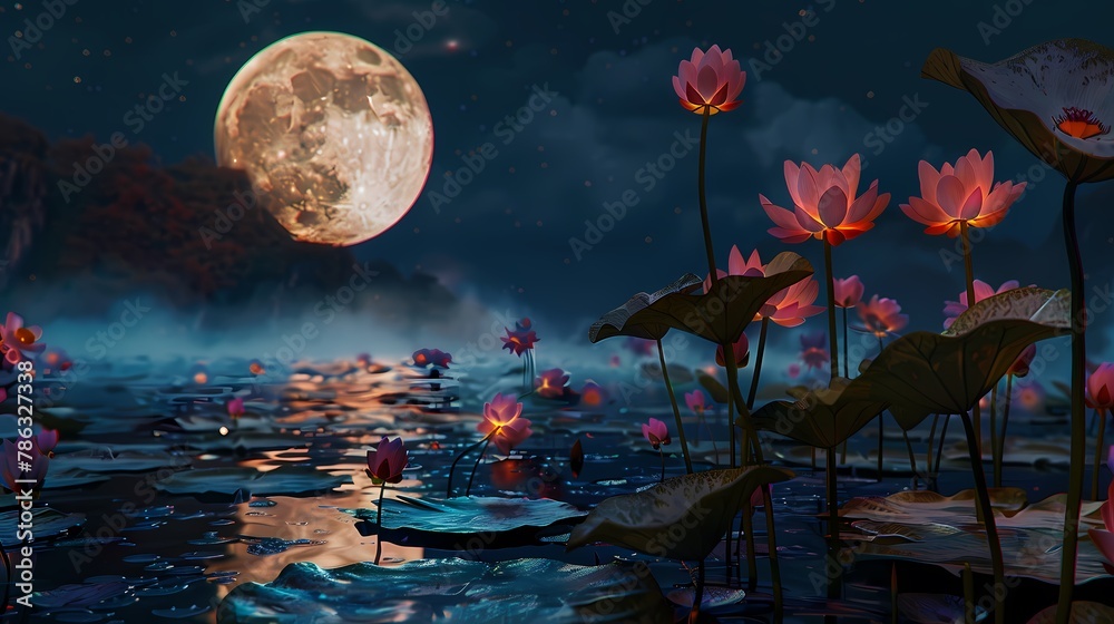 Obraz premium Lotus pond and moonlight illustration poster background