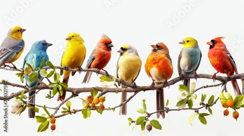 A group of colorful birds are perched on a branch