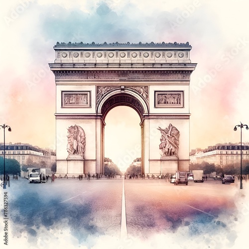 Watercolor illustration of the arc de triomphe in paris photo