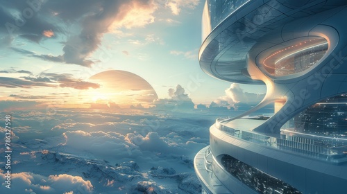 Futuristic airport control tower at sunset with panoramic city views and a distant planet photo